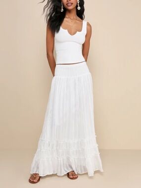 Lulus Sunny Baby White Smocked Tiered High-Waisted Midi Skirt